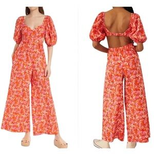 NWT Free People Floral Jumpsuit M Wide Leg Puff Sleeves Boho Gypsy